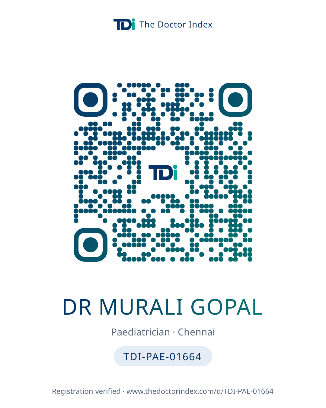 QR card for Dr Murali Gopal, TDI-PAE-01664
