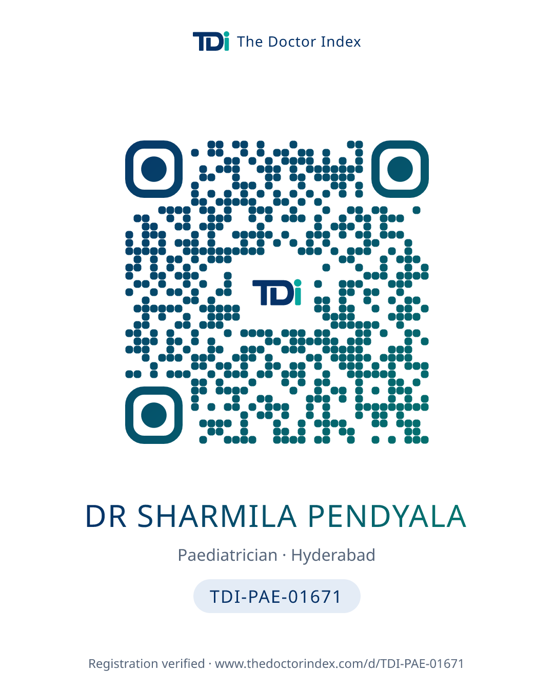 QR card for Dr Sharmila Pendyala, TDI-PAE-01671