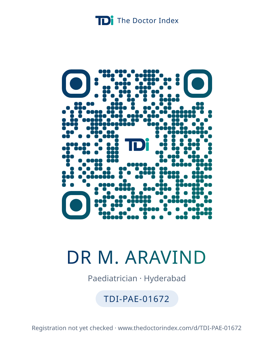 QR card for Dr M. Aravind, TDI-PAE-01672