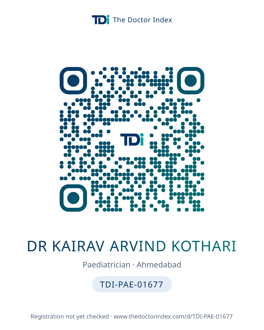 QR card for Dr Kairav Arvind Kothari, TDI-PAE-01677