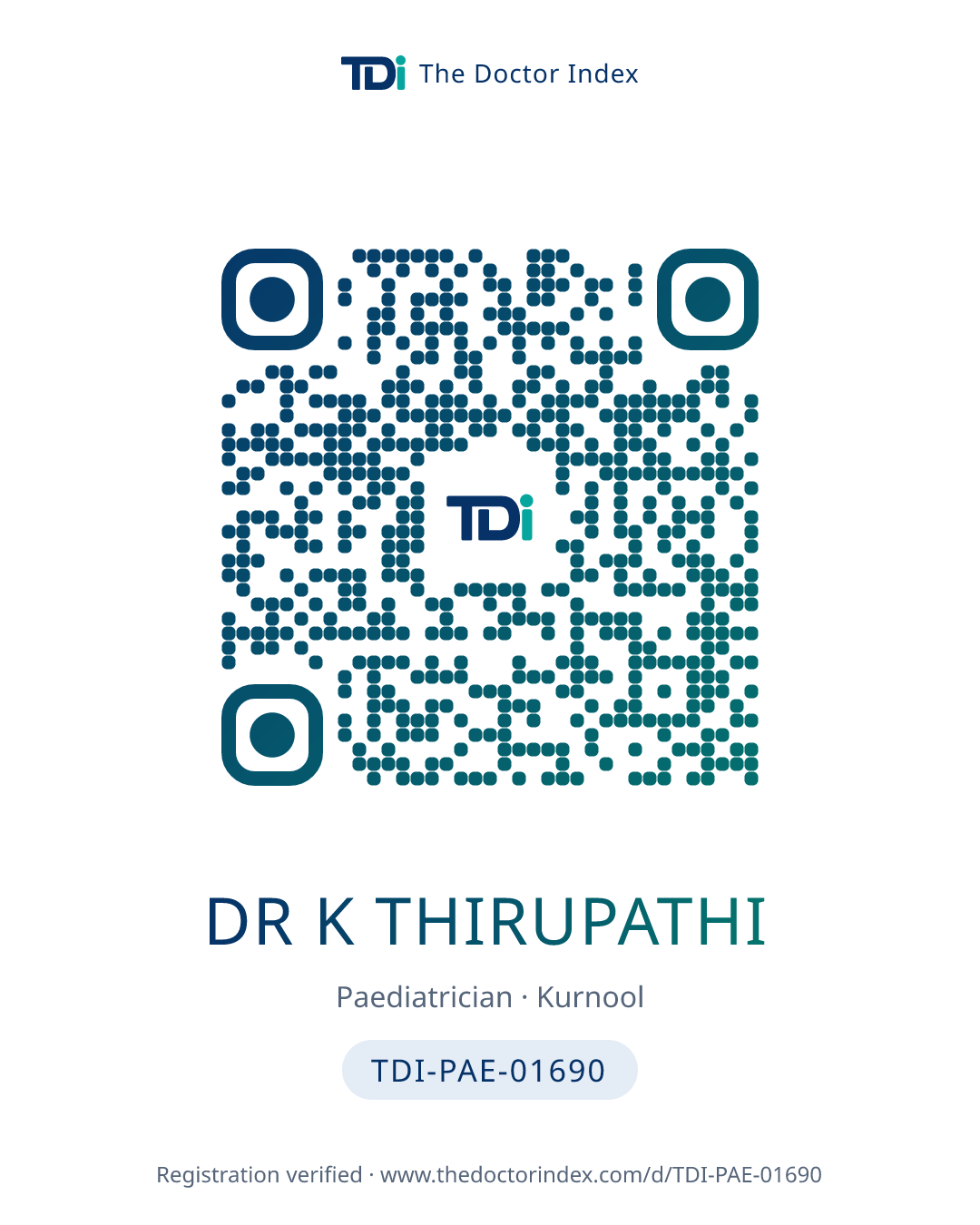 QR card for Dr K Thirupathi, TDI-PAE-01690