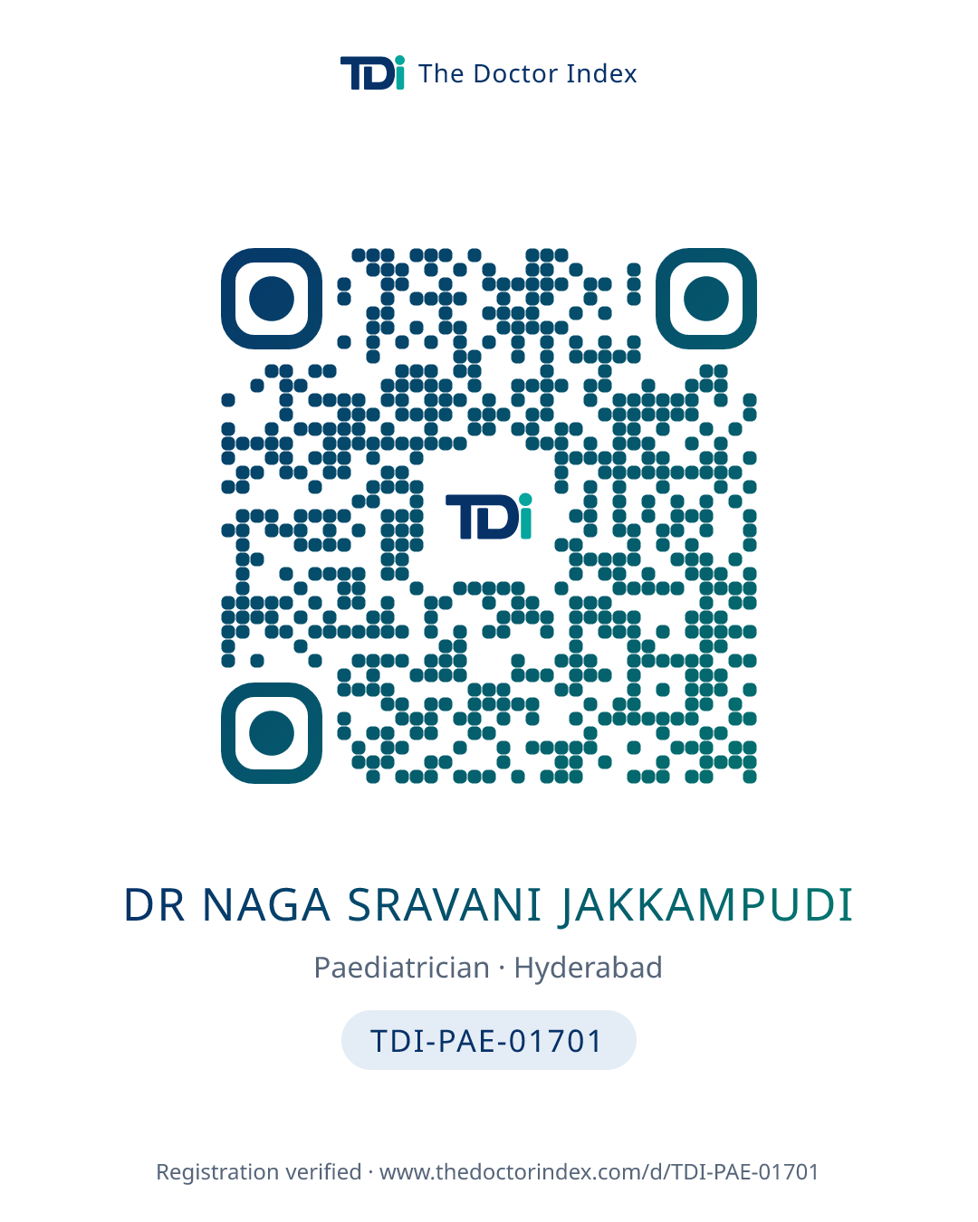QR card for Dr Naga Sravani Jakkampudi, TDI-PAE-01701