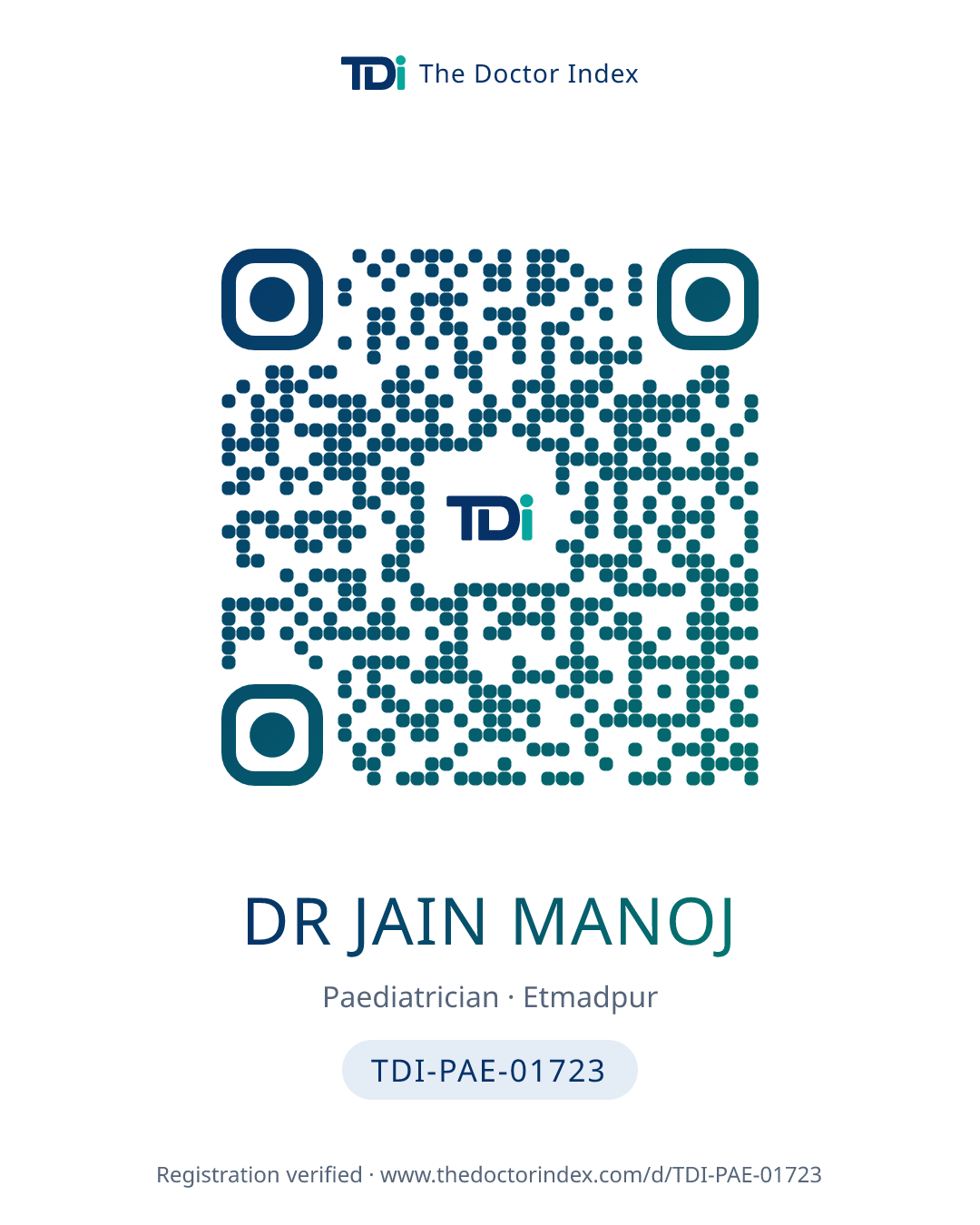 QR card for Dr Jain Manoj, TDI-PAE-01723