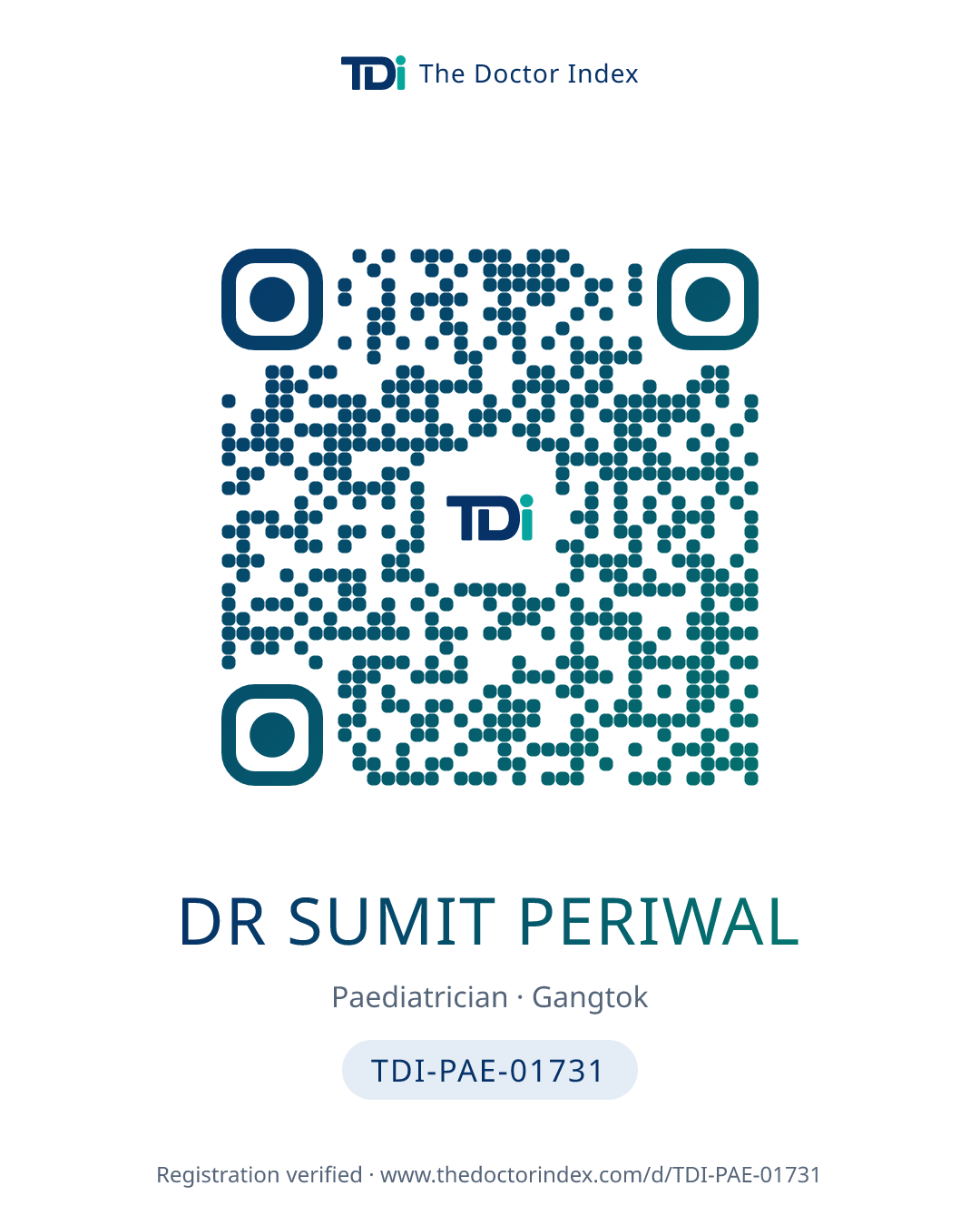 QR card for Dr Sumit Periwal, TDI-PAE-01731