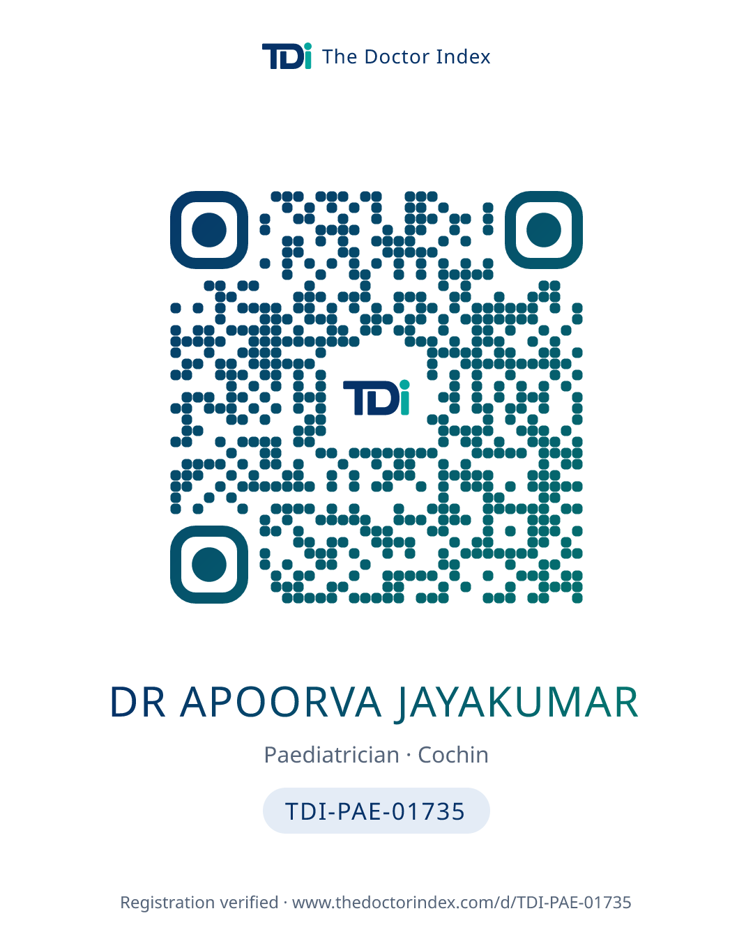 QR card for Dr Apoorva Jayakumar, TDI-PAE-01735