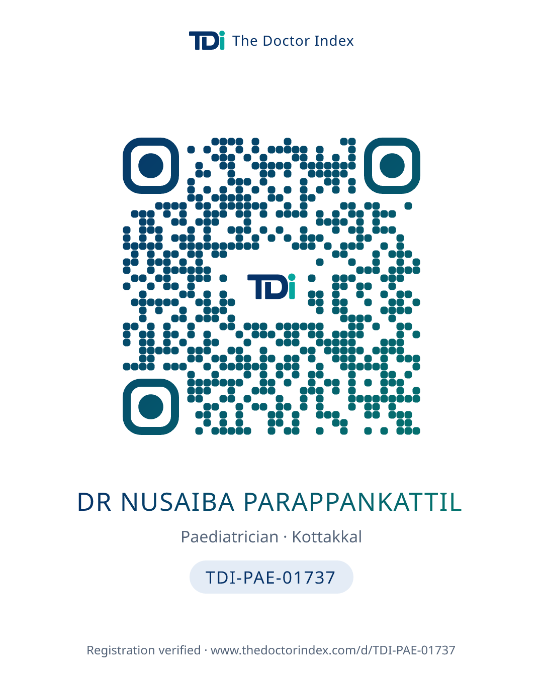 QR card for Dr Nusaiba Parappankattil, TDI-PAE-01737