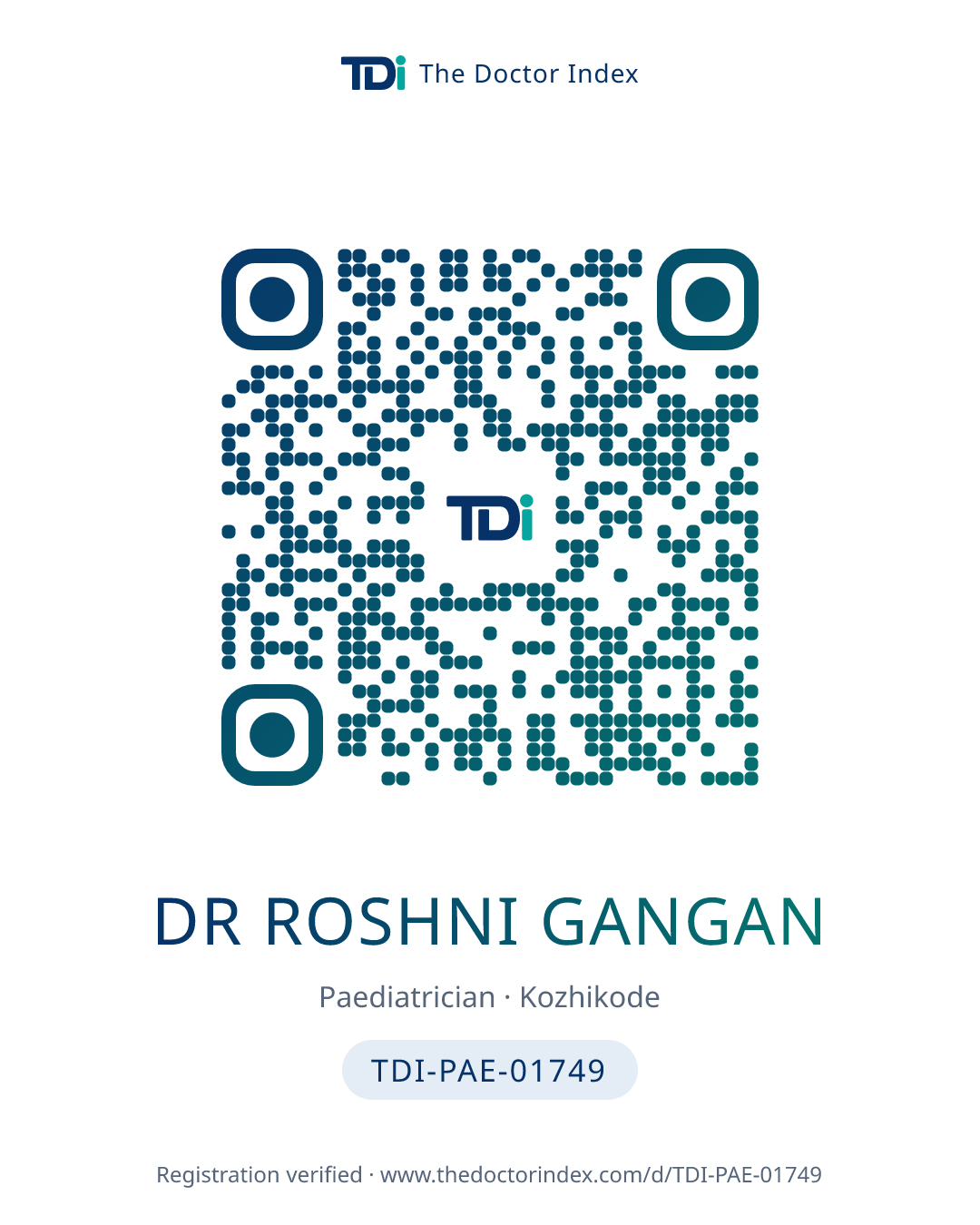 QR card for Dr Roshni Gangan, TDI-PAE-01749