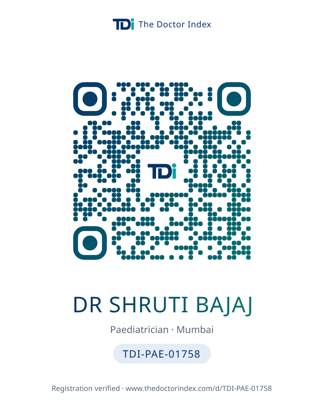 QR card for Dr Shruti Bajaj, TDI-PAE-01758