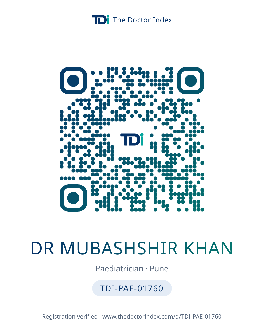 QR card for Dr Mubashshir Khan, TDI-PAE-01760