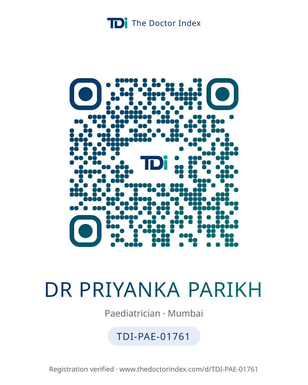 QR card for Dr Priyanka Parikh, TDI-PAE-01761