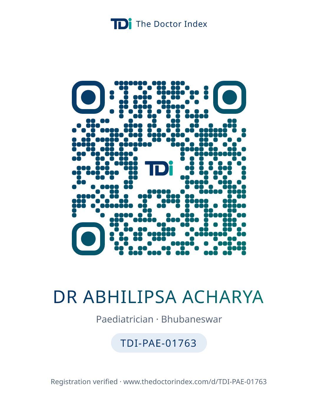 QR card for Dr Abhilipsa Acharya, TDI-PAE-01763