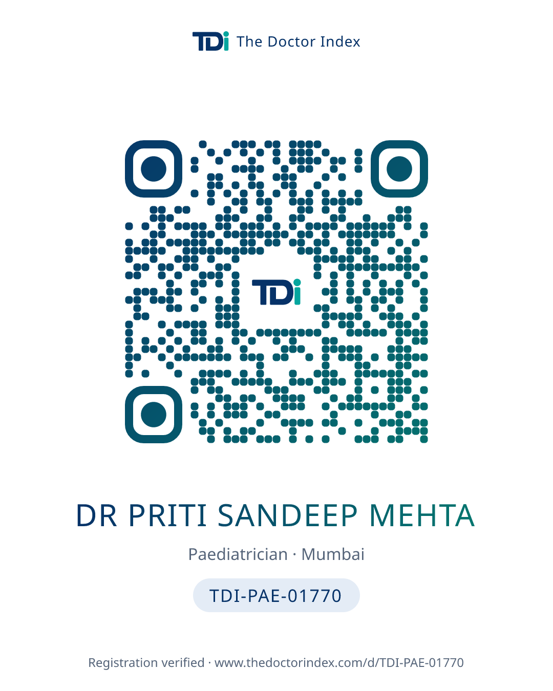 QR card for Dr Priti Sandeep Mehta, TDI-PAE-01770