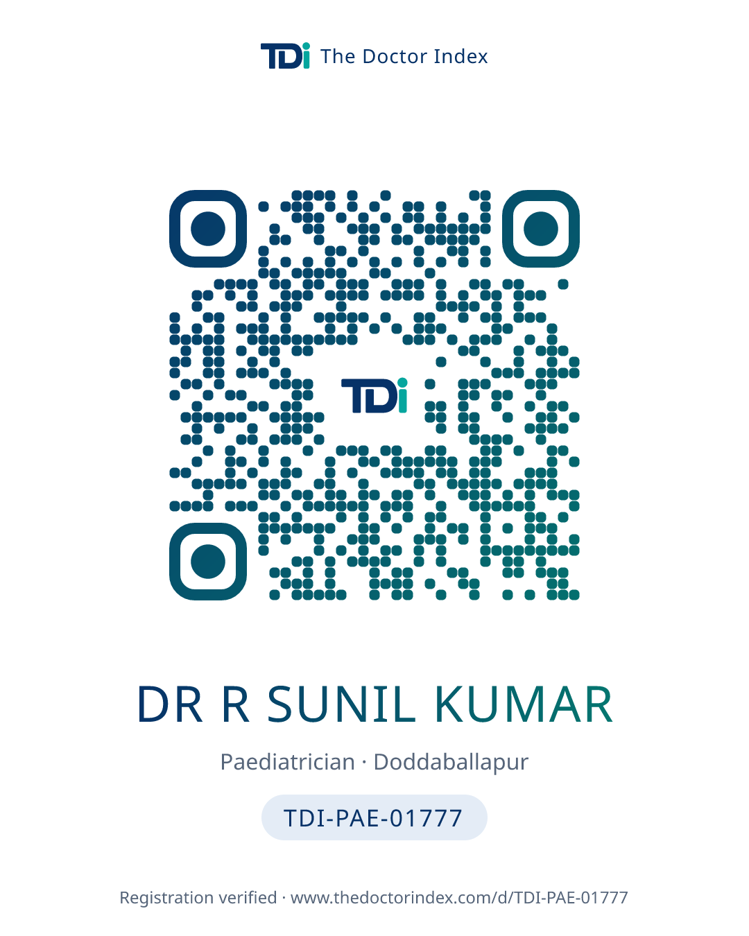 QR card for Dr R Sunil Kumar, TDI-PAE-01777