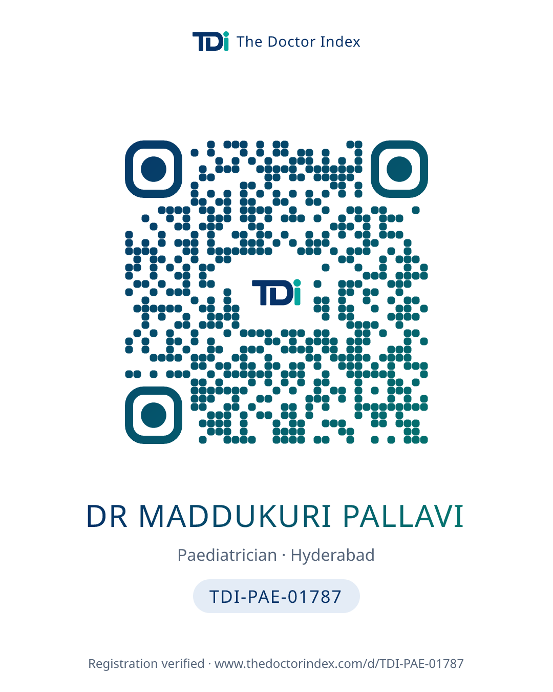 QR card for Dr Maddukuri Pallavi, TDI-PAE-01787