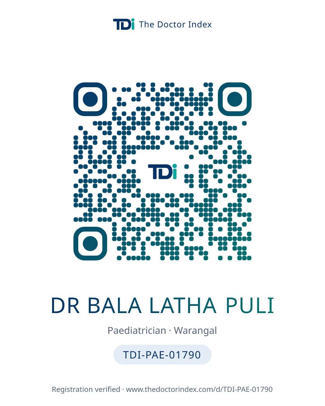 QR card for Dr Bala Latha Puli, TDI-PAE-01790
