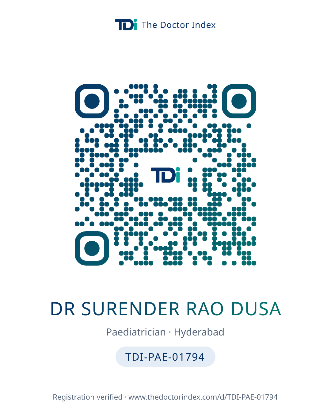 QR card for Dr Surender Rao Dusa, TDI-PAE-01794