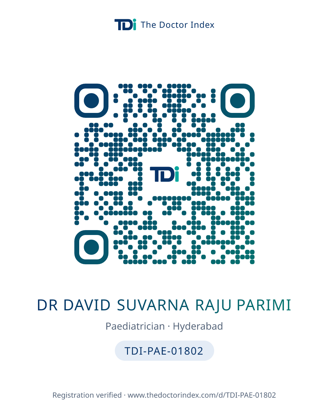 QR card for Dr David Suvarna Raju Parimi, TDI-PAE-01802