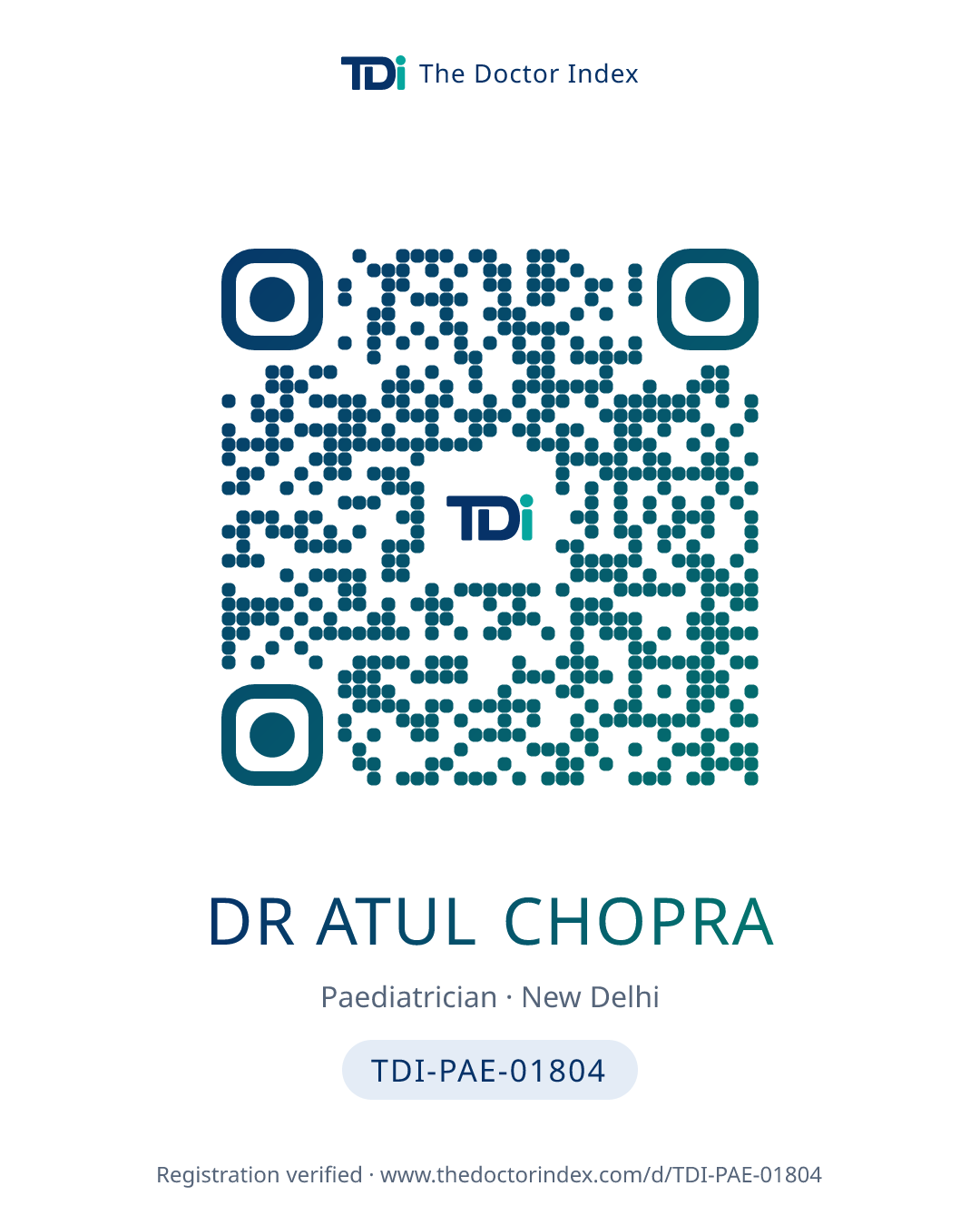 QR card for Dr Atul Chopra, TDI-PAE-01804