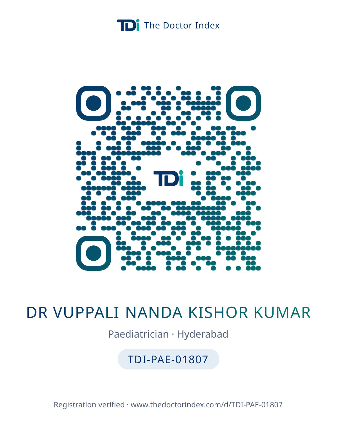 QR card for Dr Vuppali Nanda Kishor Kumar, TDI-PAE-01807