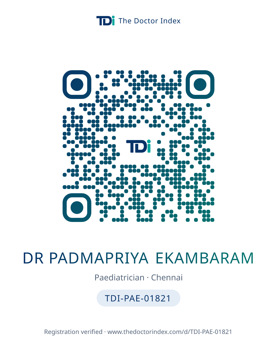 QR card for Dr Padmapriya Ekambaram, TDI-PAE-01821