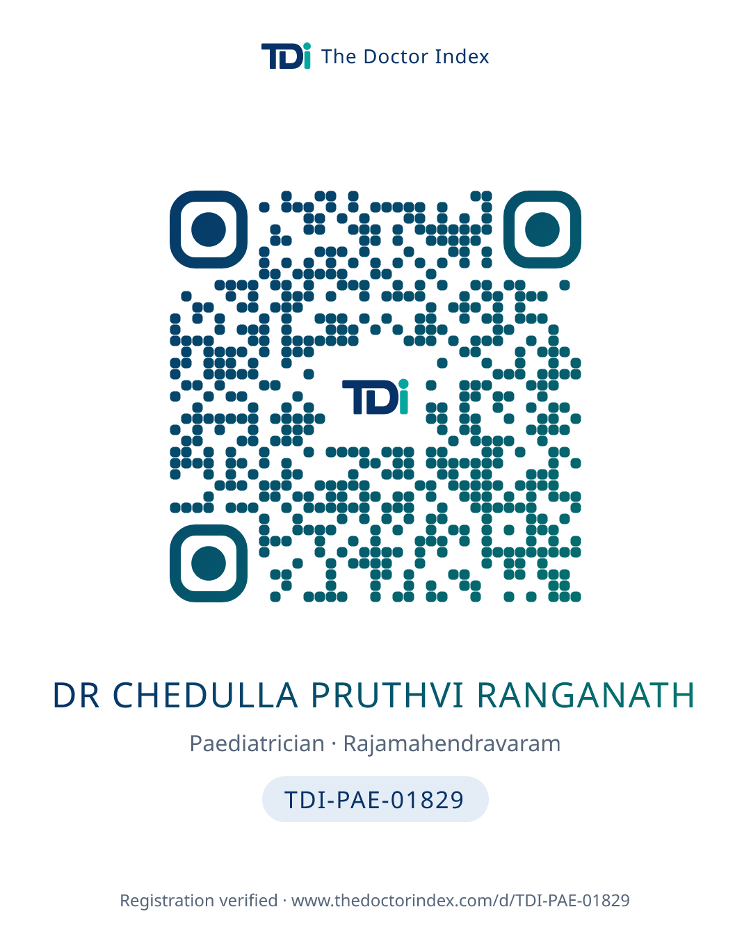 QR card for Dr Chedulla Pruthvi Ranganath, TDI-PAE-01829