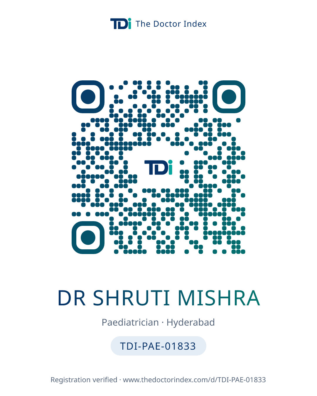 QR card for Dr Shruti Mishra, TDI-PAE-01833