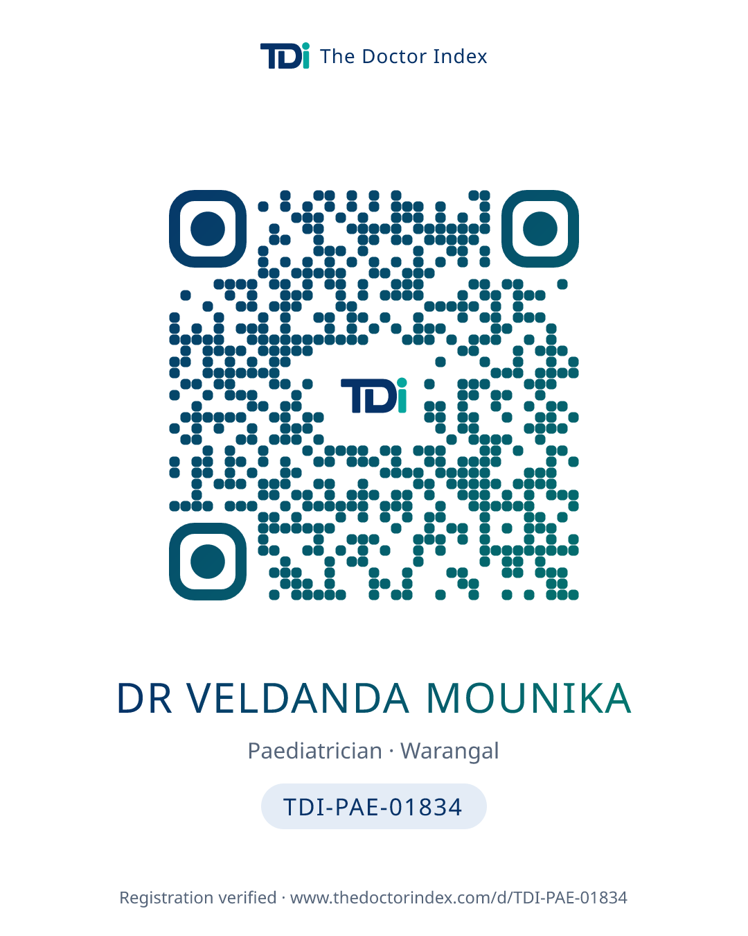 QR card for Dr Veldanda Mounika, TDI-PAE-01834