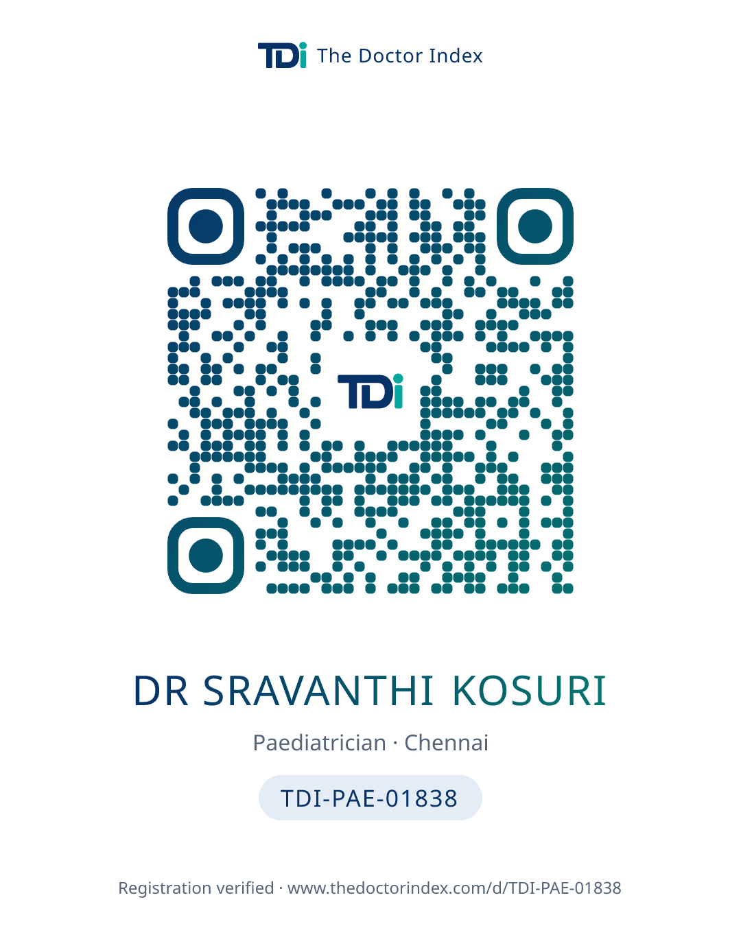 QR card for Dr Sravanthi Kosuri, TDI-PAE-01838