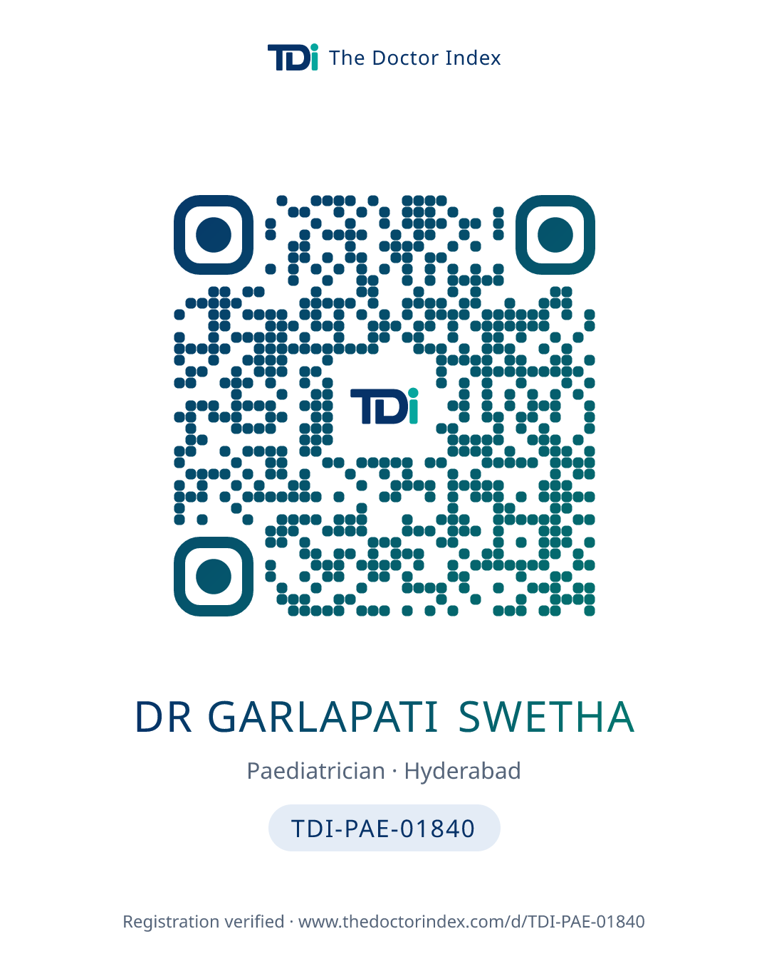 QR card for Dr Garlapati Swetha, TDI-PAE-01840