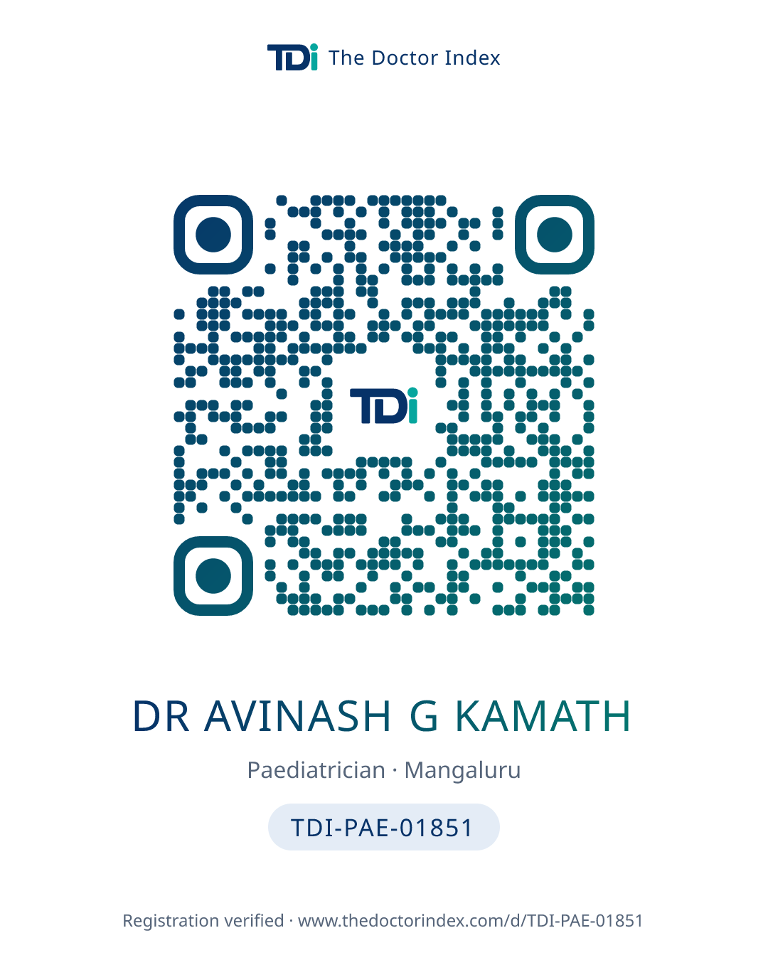 QR card for Dr Avinash G Kamath, TDI-PAE-01851