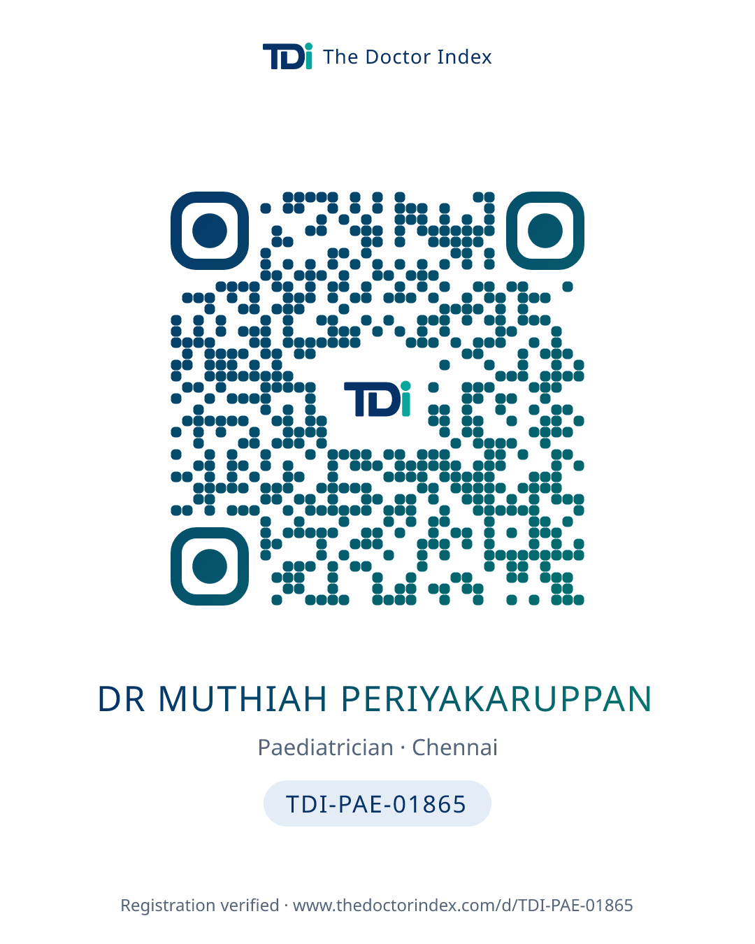 QR card for Dr Muthiah Periyakaruppan, TDI-PAE-01865