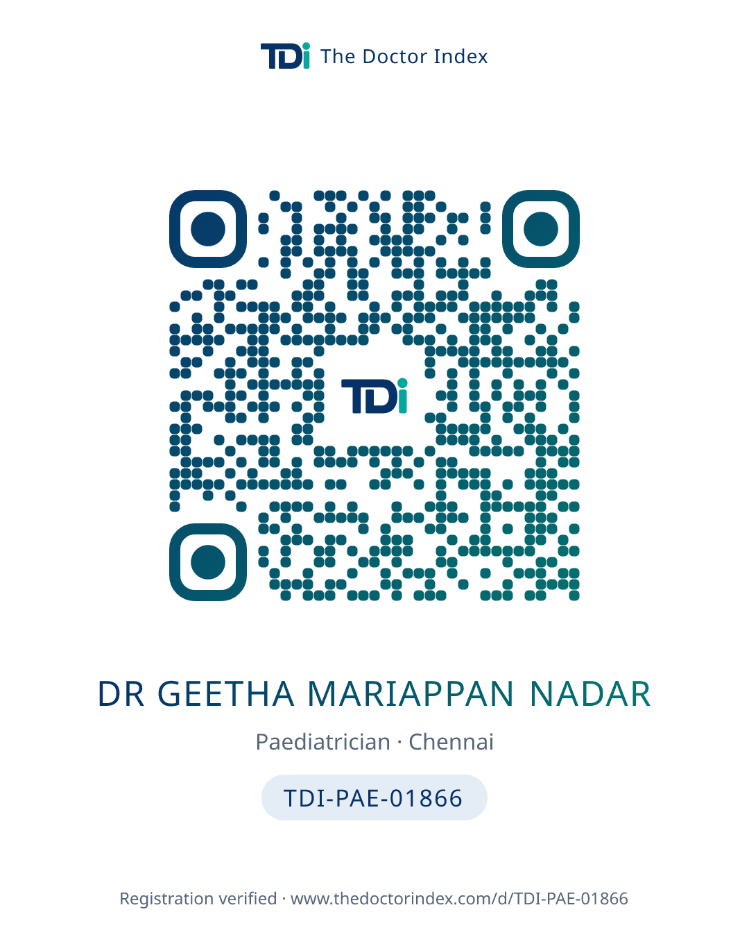 QR card for Dr Geetha Mariappan Nadar, TDI-PAE-01866