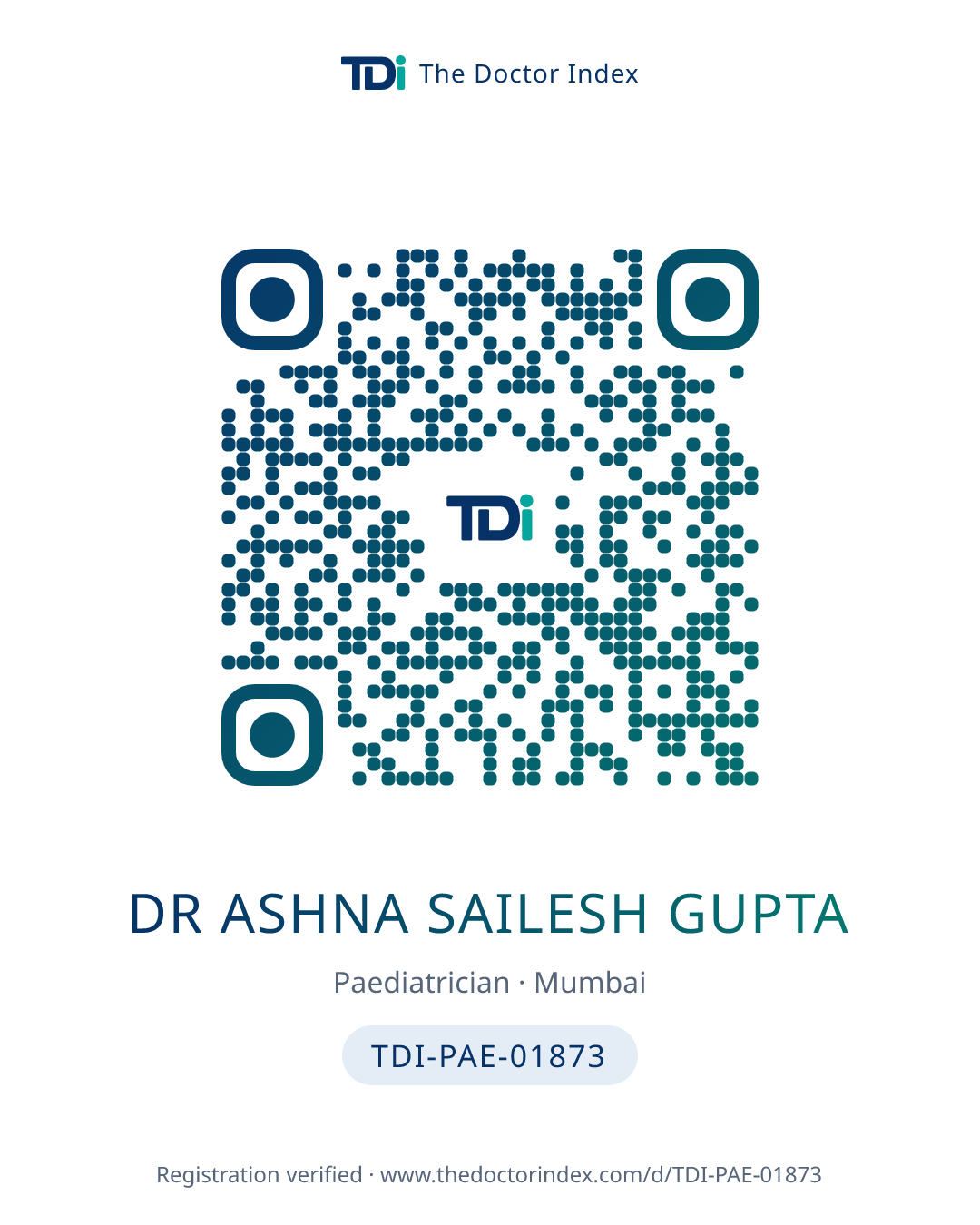 QR card for Dr Ashna Sailesh Gupta, TDI-PAE-01873