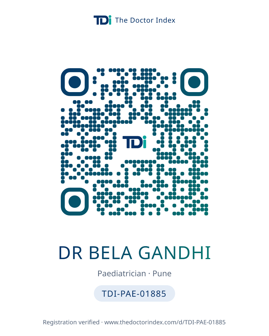 QR card for Dr Bela Gandhi, TDI-PAE-01885