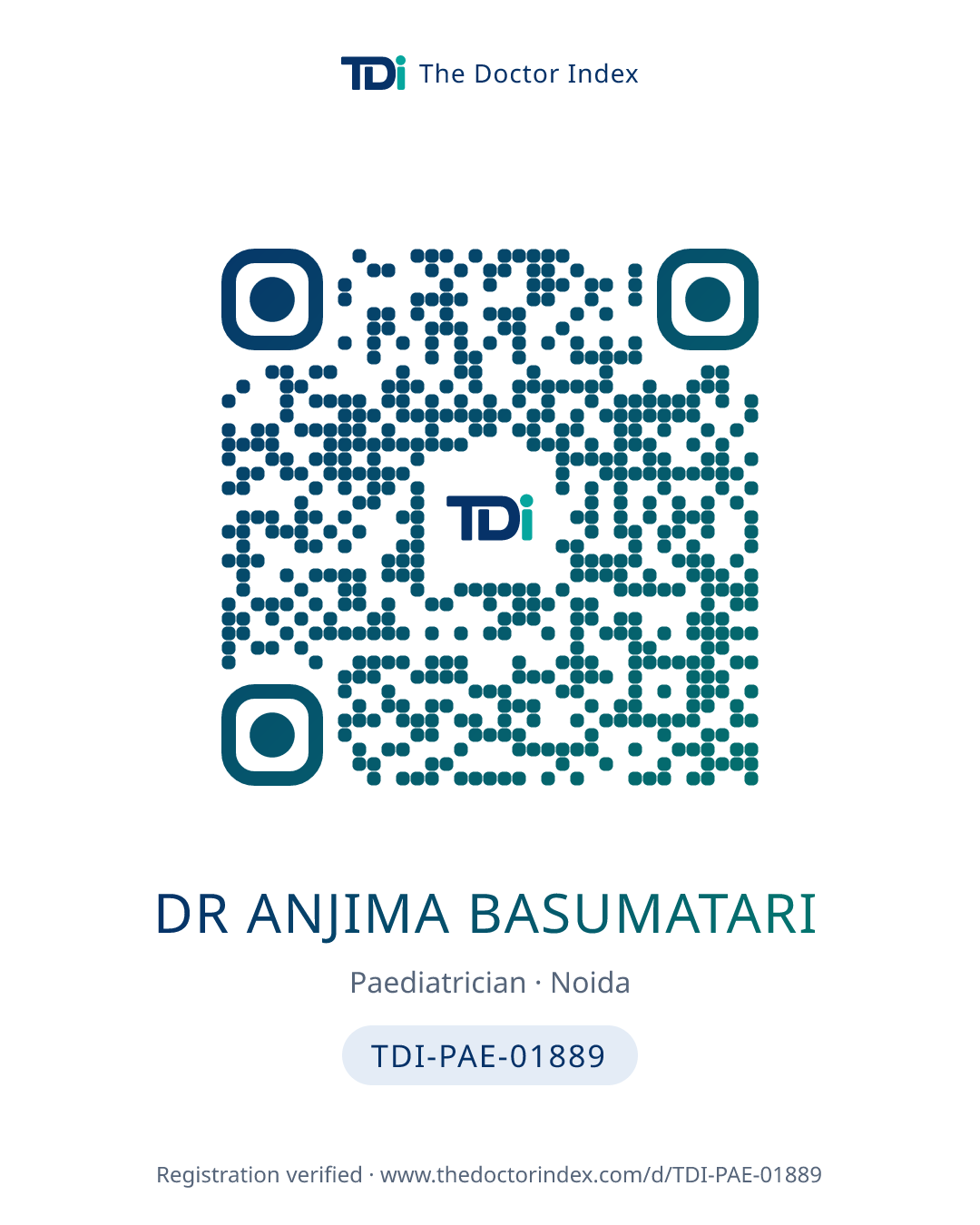 QR card for Dr Anjima Basumatari, TDI-PAE-01889