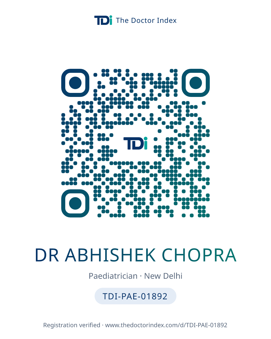 QR card for Dr Abhishek Chopra, TDI-PAE-01892
