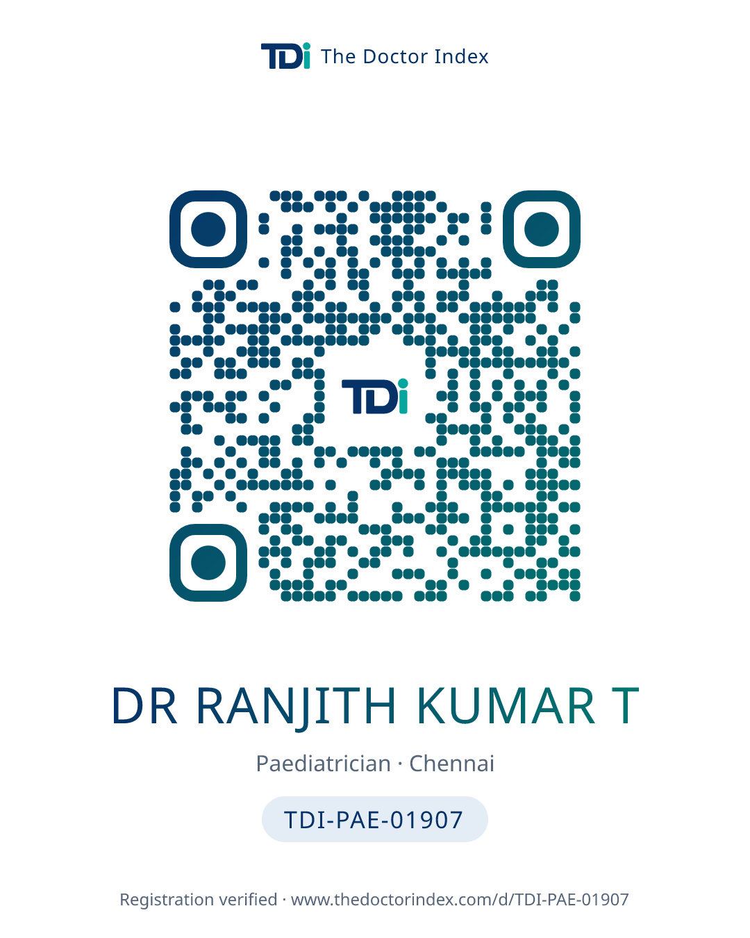 QR card for Dr Ranjith Kumar T, TDI-PAE-01907