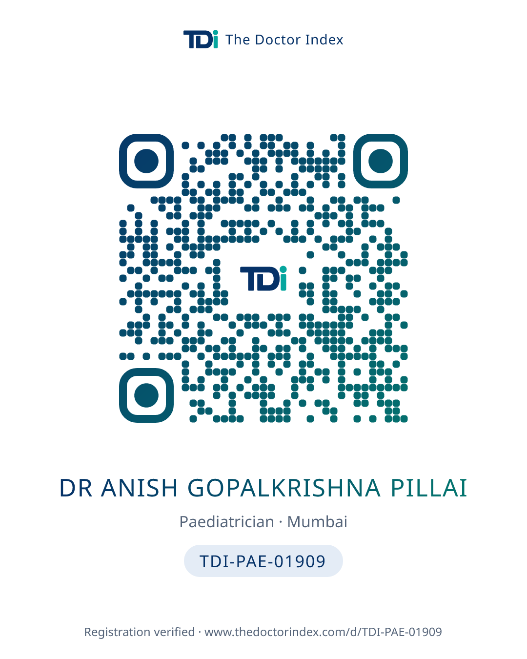 QR card for Dr Anish Gopalkrishna Pillai, TDI-PAE-01909