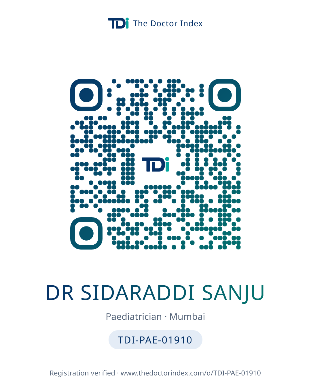QR card for Dr Sidaraddi Sanju, TDI-PAE-01910