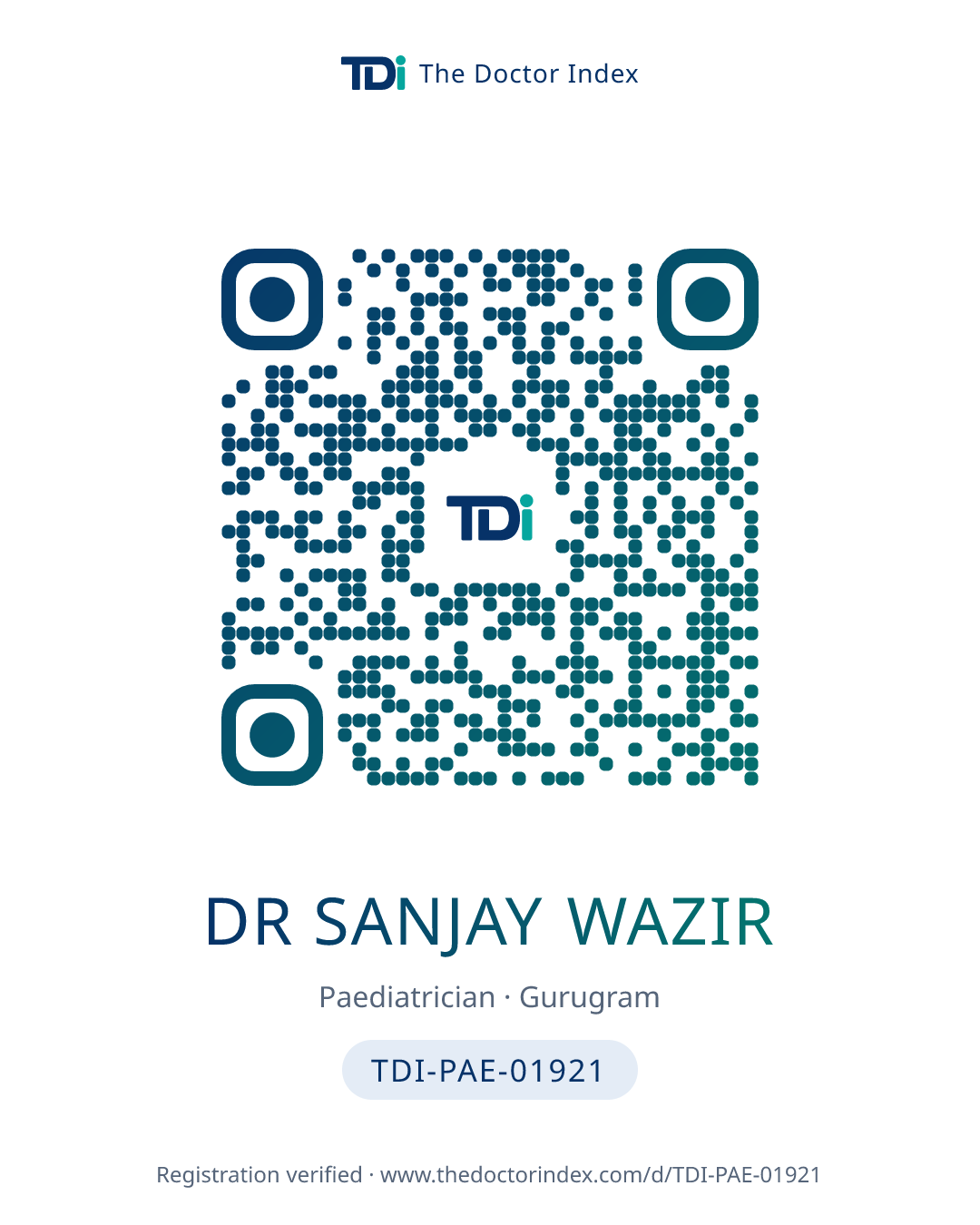 QR card for Dr Sanjay Wazir, TDI-PAE-01921