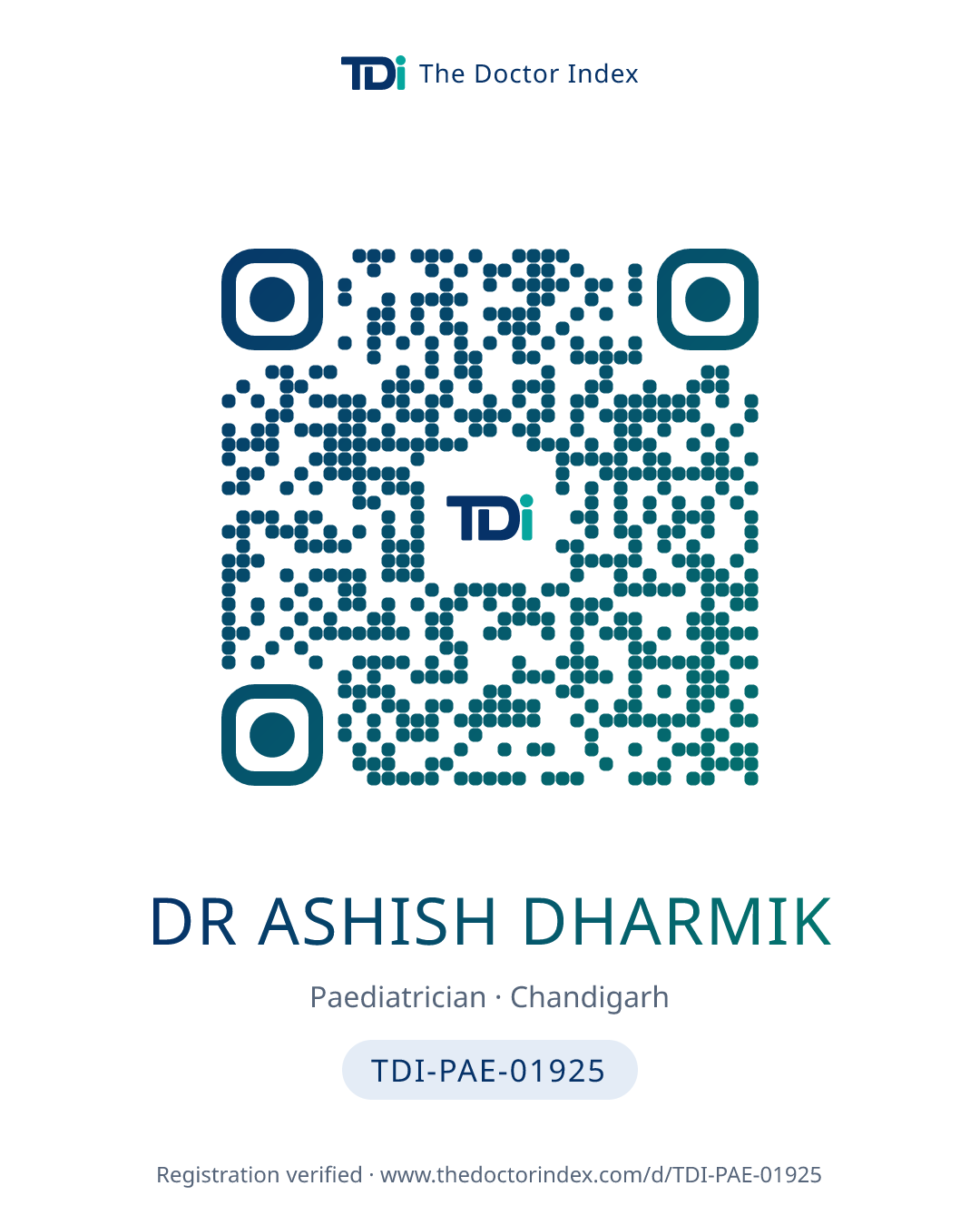 QR card for Dr Ashish Dharmik, TDI-PAE-01925