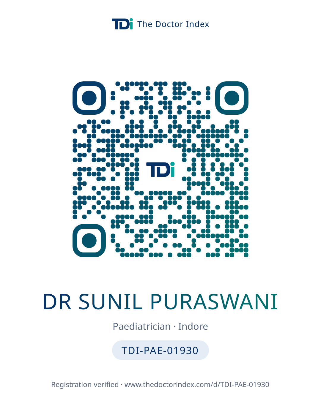 QR card for Dr Sunil Puraswani, TDI-PAE-01930