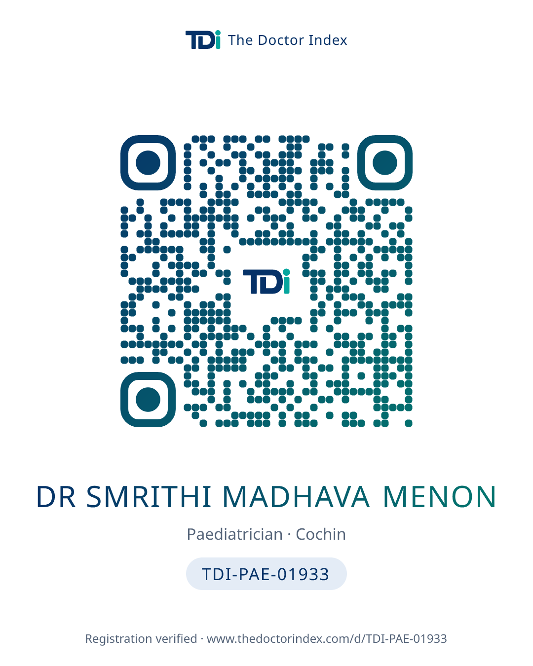 QR card for Dr Smrithi Madhava Menon, TDI-PAE-01933