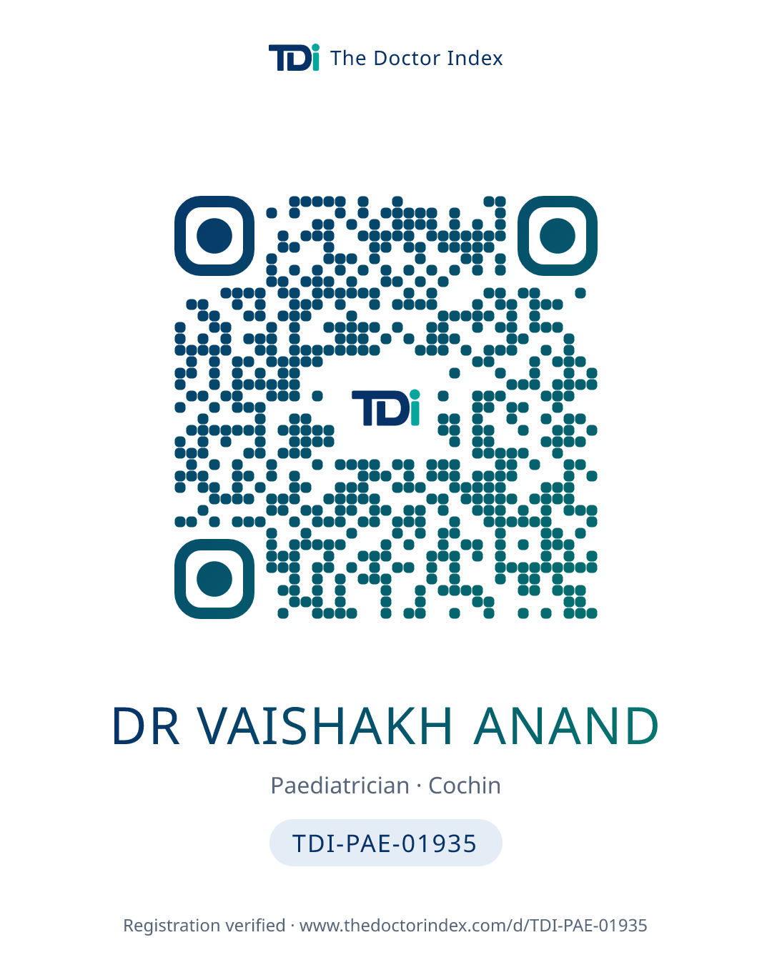 QR card for Dr Vaishakh Anand, TDI-PAE-01935