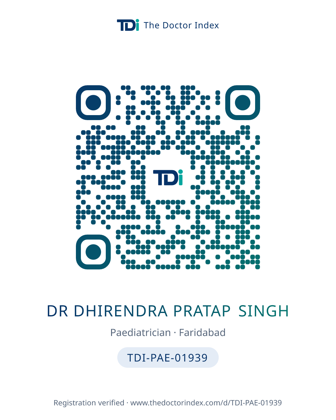 QR card for Dr Dhirendra Pratap Singh, TDI-PAE-01939