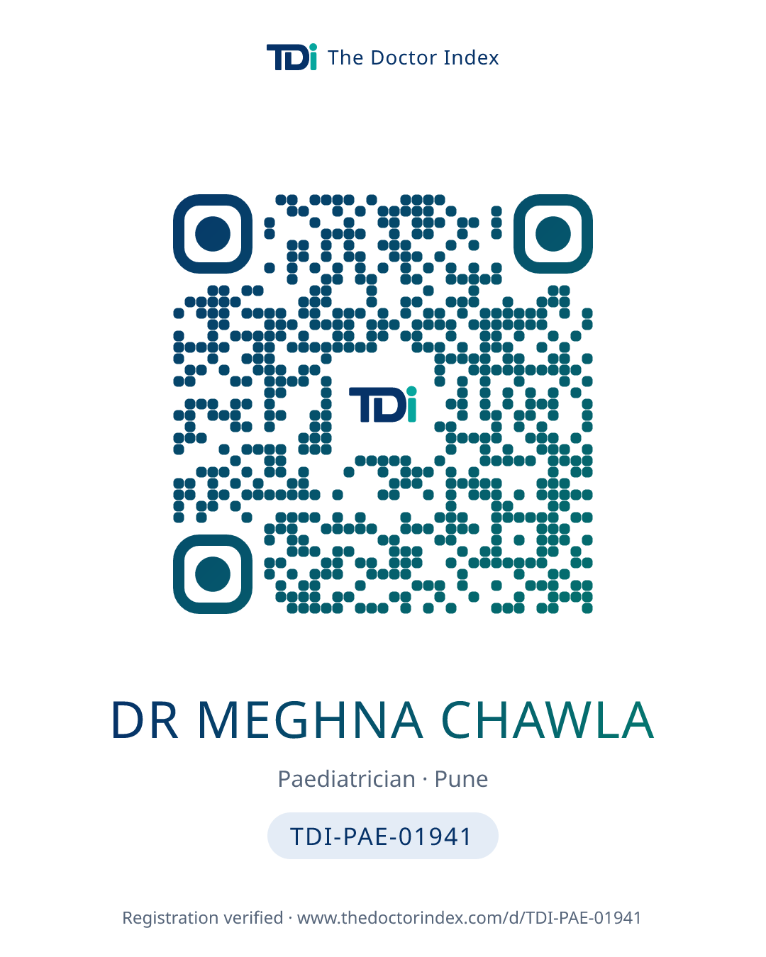 QR card for Dr Meghna Chawla, TDI-PAE-01941