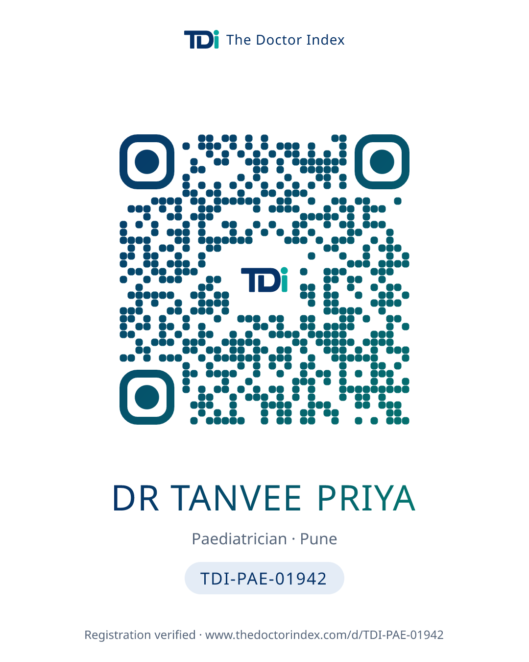 QR card for Dr Tanvee Priya, TDI-PAE-01942