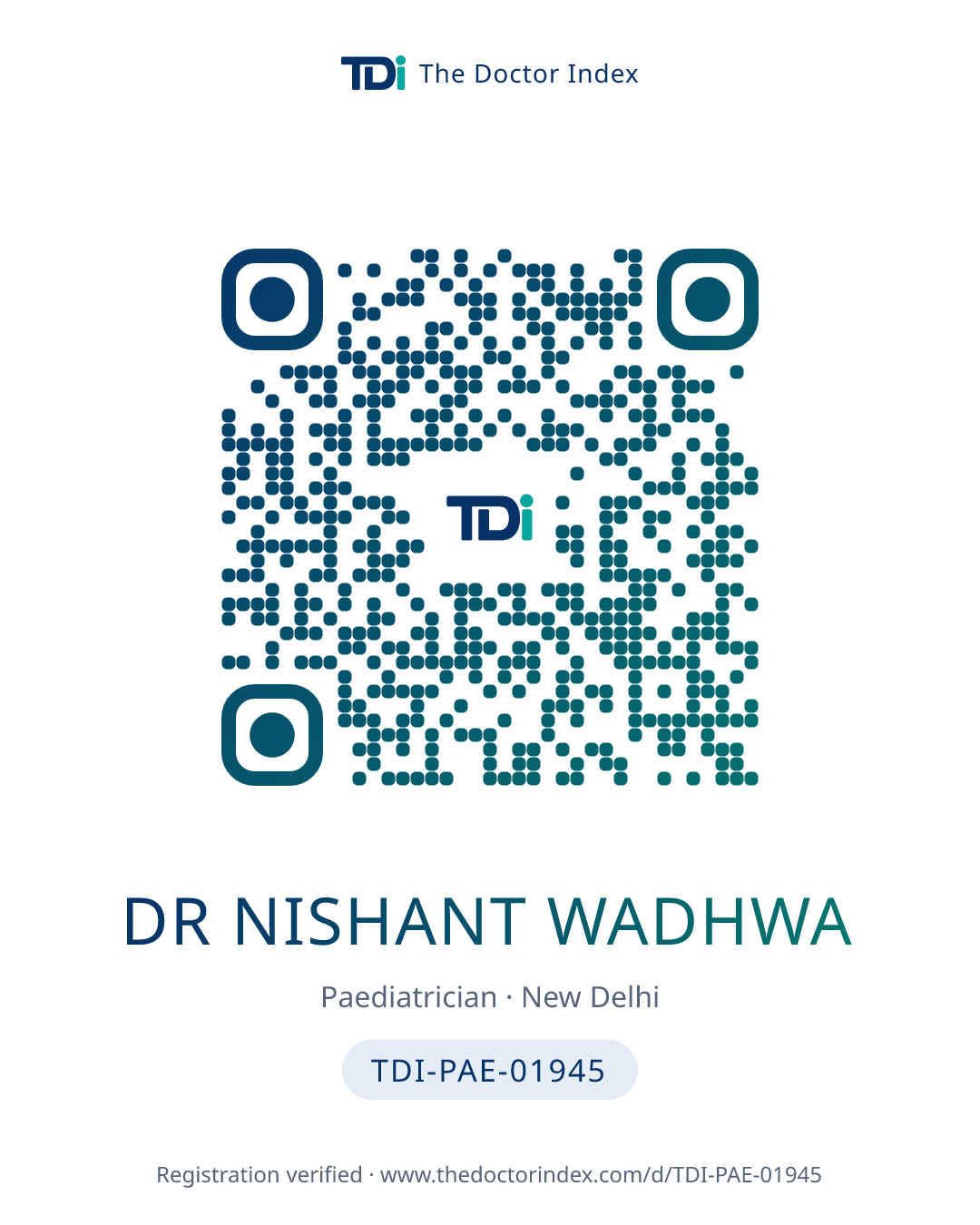 QR card for Dr Nishant Wadhwa, TDI-PAE-01945