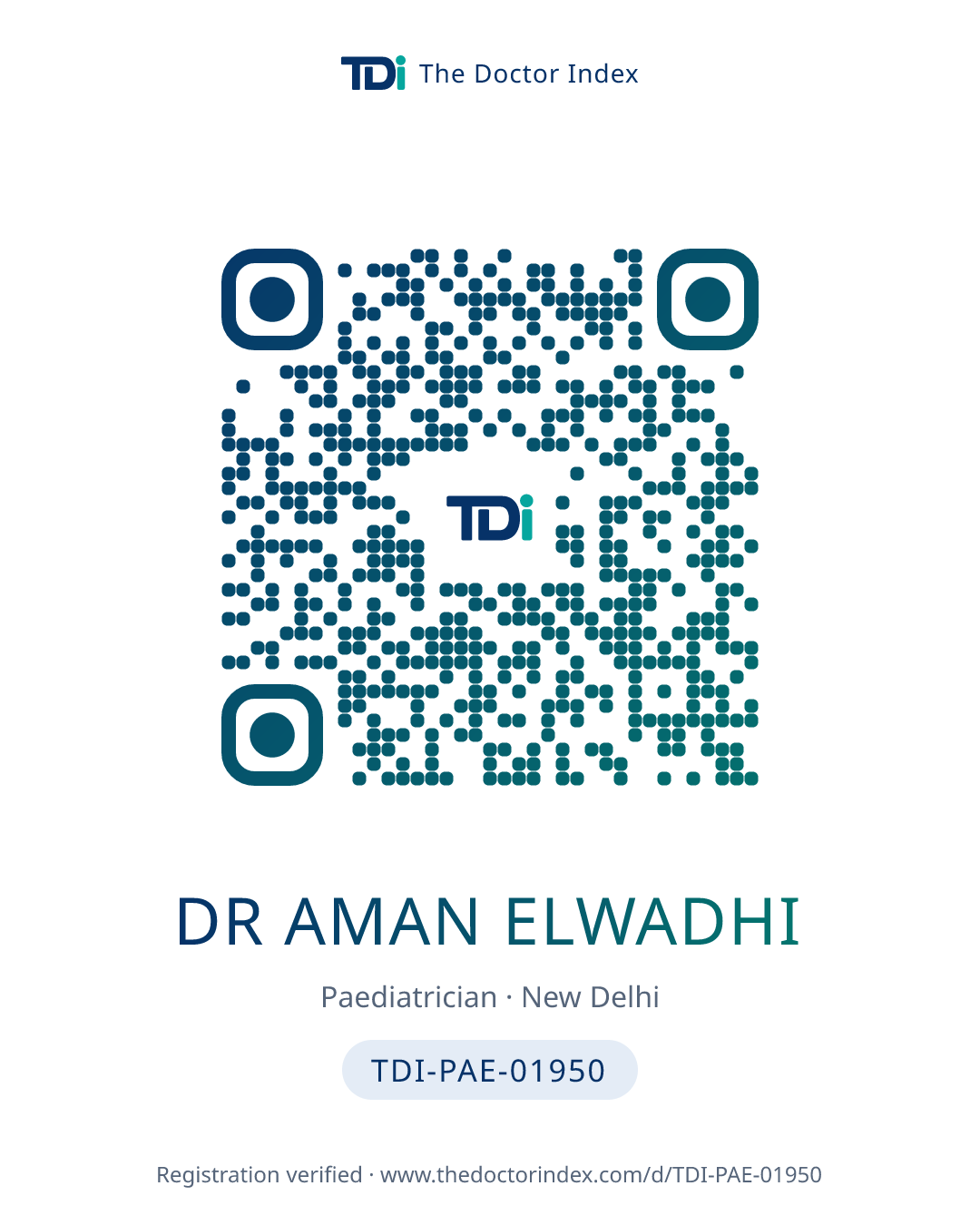 QR card for Dr Aman Elwadhi, TDI-PAE-01950