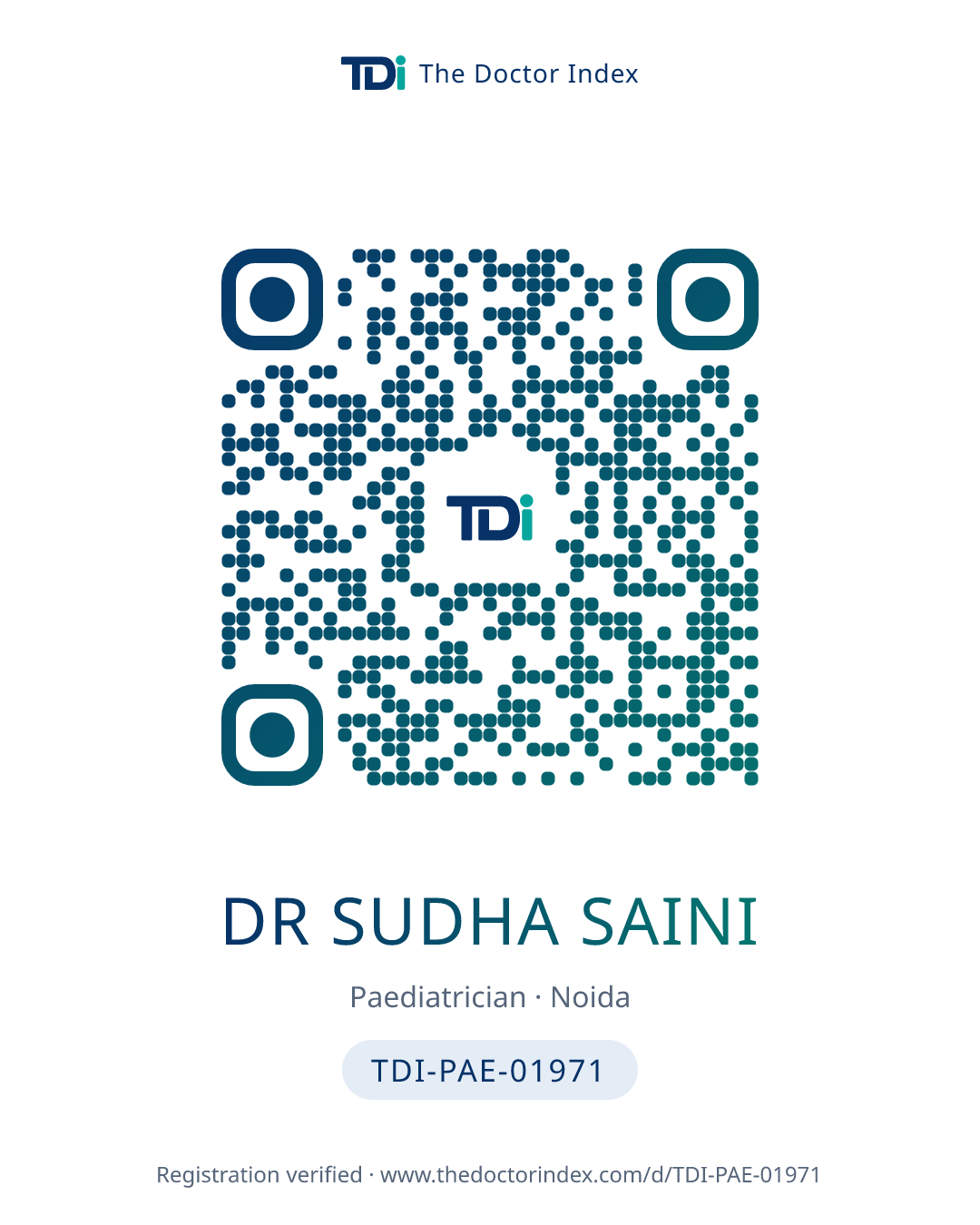 QR card for Dr Sudha Saini, TDI-PAE-01971